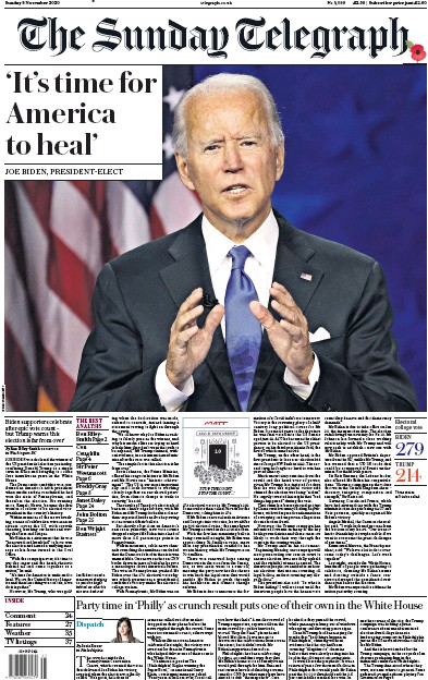 The Sunday Telegraph Newspaper Front Page (UK) for 8 November 2020