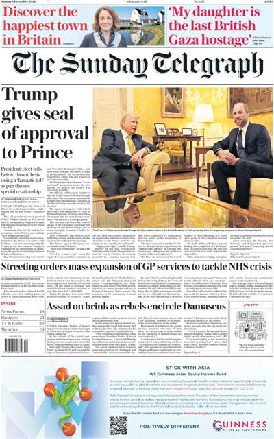 The Sunday Telegraph Newspaper Front Page (UK) for 8 December 2024