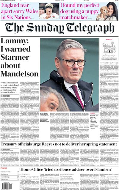 The Sunday Telegraph Newspaper Front Page (UK) for 8 February 2026