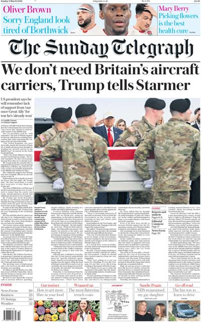 The Sunday Telegraph Newspaper Front Page (UK) for 8 March 2026