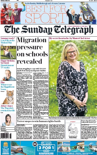 The Sunday Telegraph Newspaper Front Page (UK) for 8 May 2016