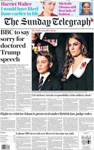 The Sunday Telegraph Newspaper Front Page (UK) for 9 November 2025