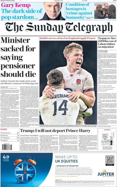 The Sunday Telegraph Newspaper Front Page (UK) for 9 February 2025